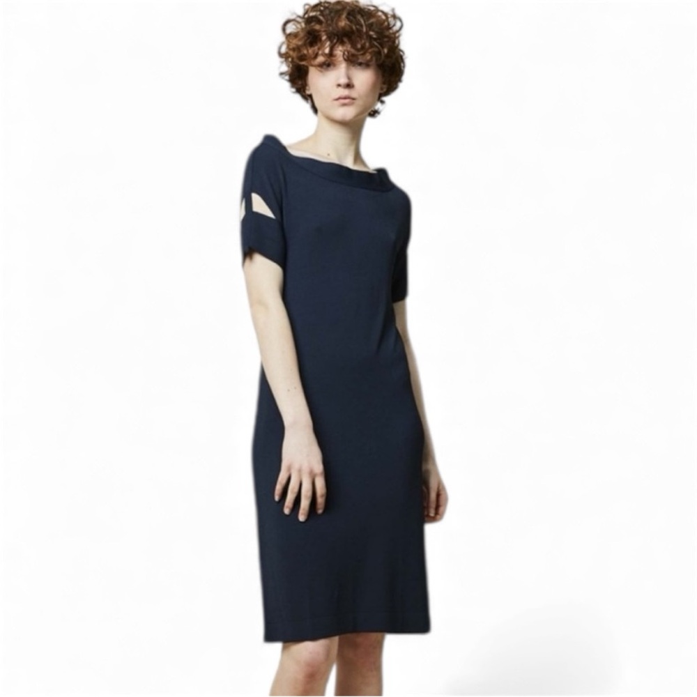 Annette Gortz Maira Navy Blue Short Sleeve Cut Out Fine Knit Dress Size Medium